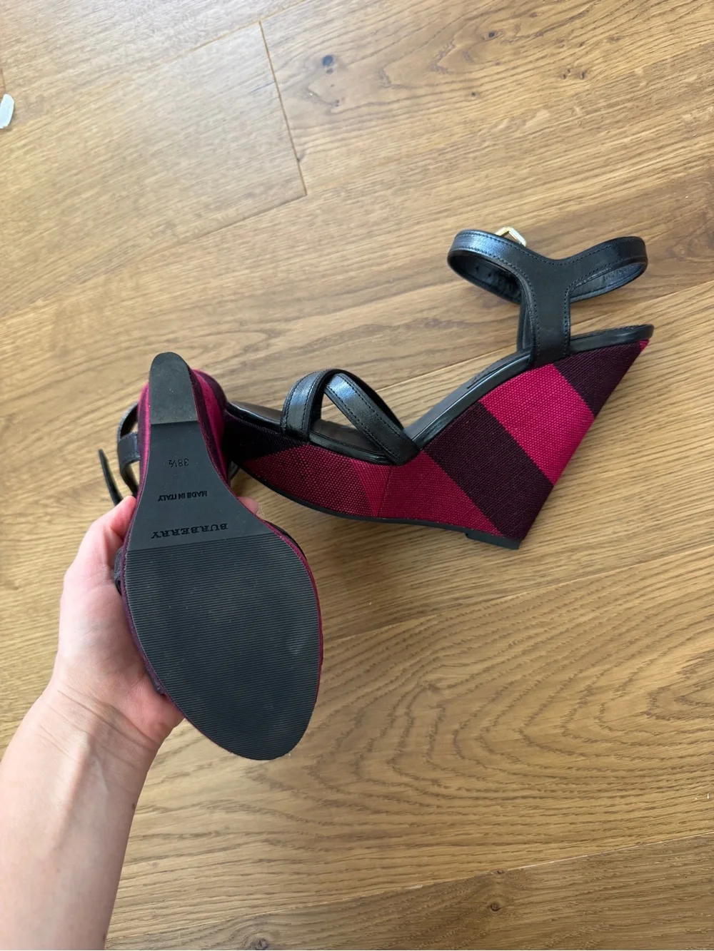 Burberry Black Leather Ankle-Strap Wedges with Plum and Pink Stripes
